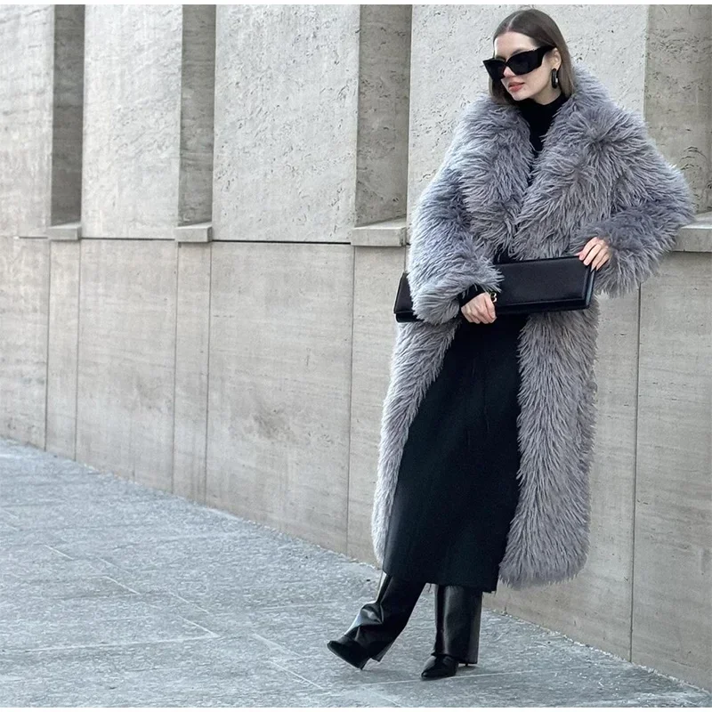 Winter Faux Fur Long Coat Women Vintage Full Sleeve Pocket Lapel Thicken Warm Outwear Female 2026 Fashion Urban Streetwear Lady