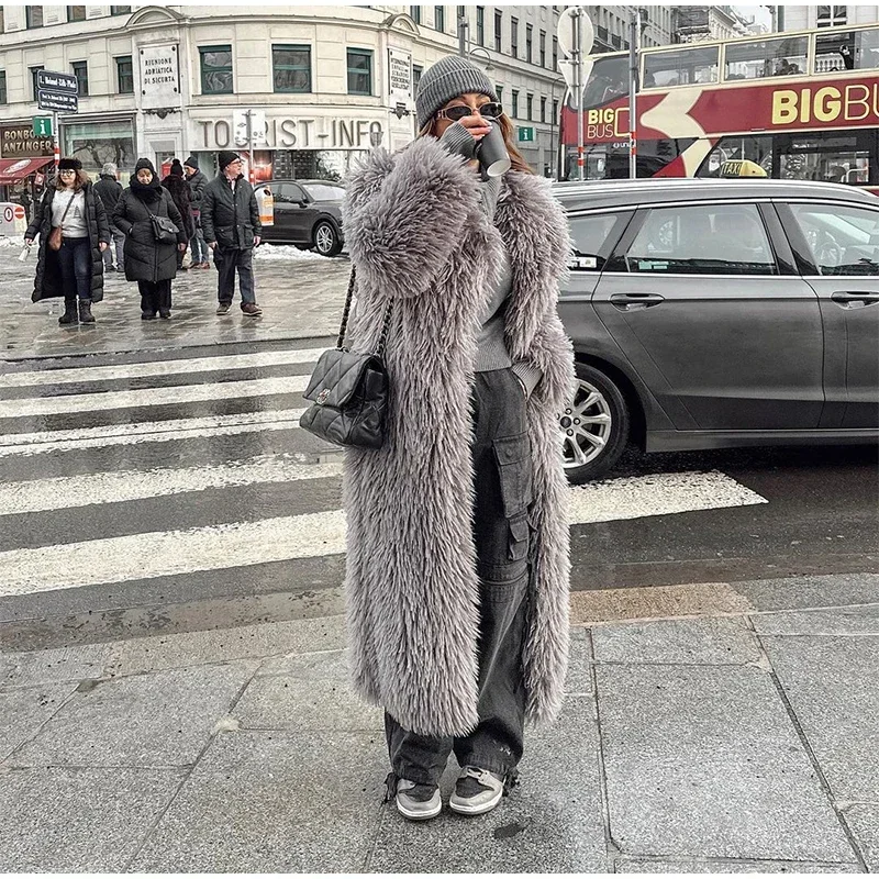 Winter Faux Fur Long Coat Women Vintage Full Sleeve Pocket Lapel Thicken Warm Outwear Female 2026 Fashion Urban Streetwear Lady