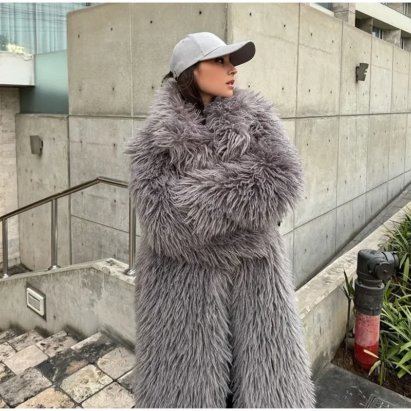 Winter Faux Fur Long Coat Women Vintage Full Sleeve Pocket Lapel Thicken Warm Outwear Female 2026 Fashion Urban Streetwear Lady
