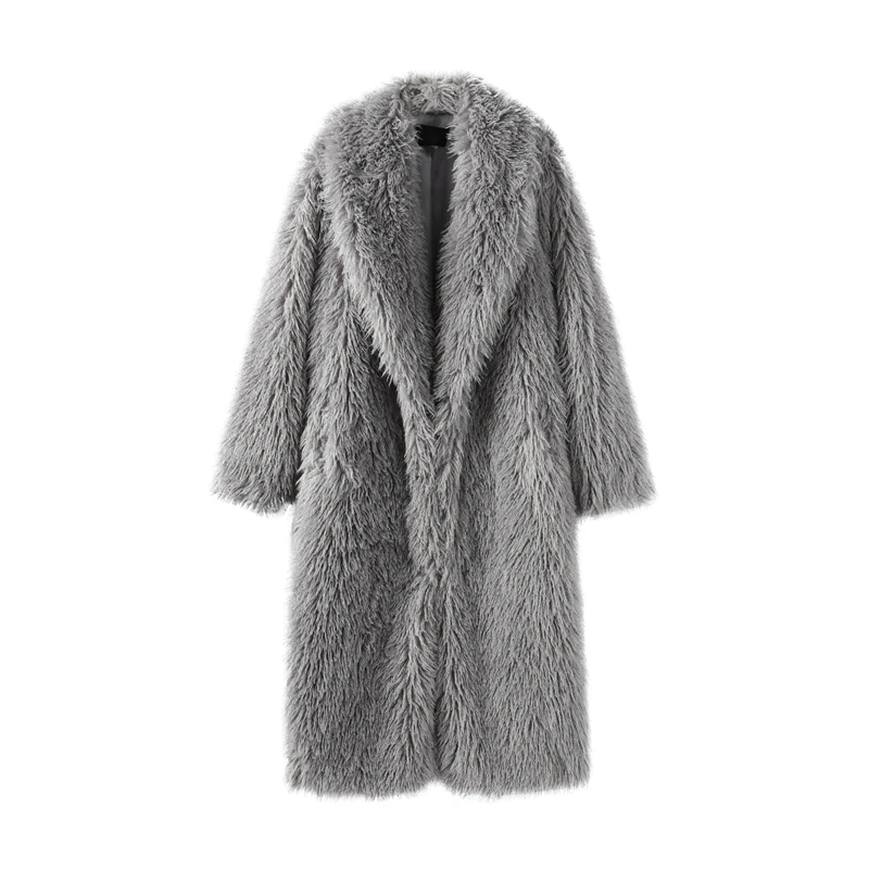 Winter Faux Fur Long Coat Women Vintage Full Sleeve Pocket Lapel Thicken Warm Outwear Female 2026 Fashion Urban Streetwear Lady