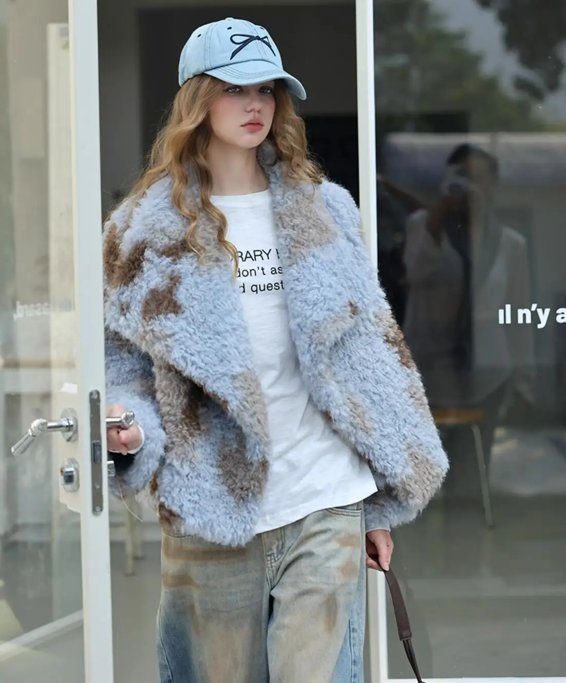 HIGH QUALITY Winter Large Lapel Curly Lamb Fur Coat Long Sleeve Warm Shaggy Tie Dye Gradient Faux Fur Jacket Loose Outerwear