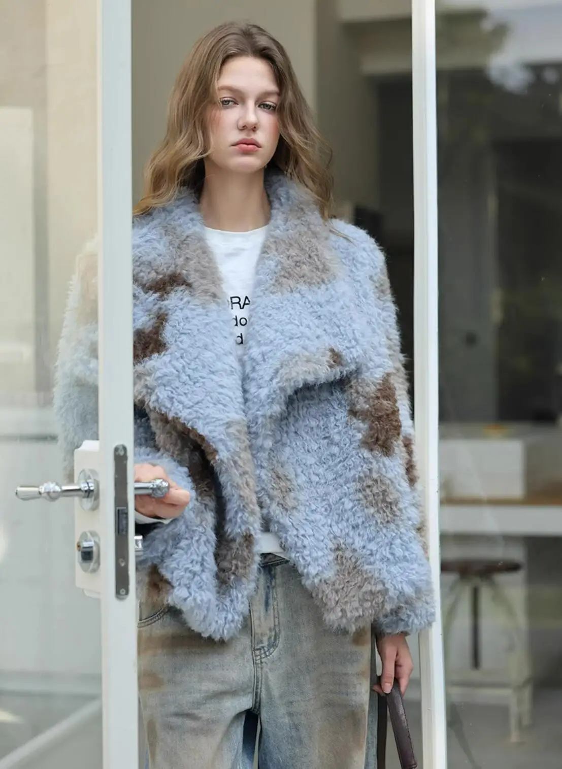 HIGH QUALITY Winter Large Lapel Curly Lamb Fur Coat Long Sleeve Warm Shaggy Tie Dye Gradient Faux Fur Jacket Loose Outerwear