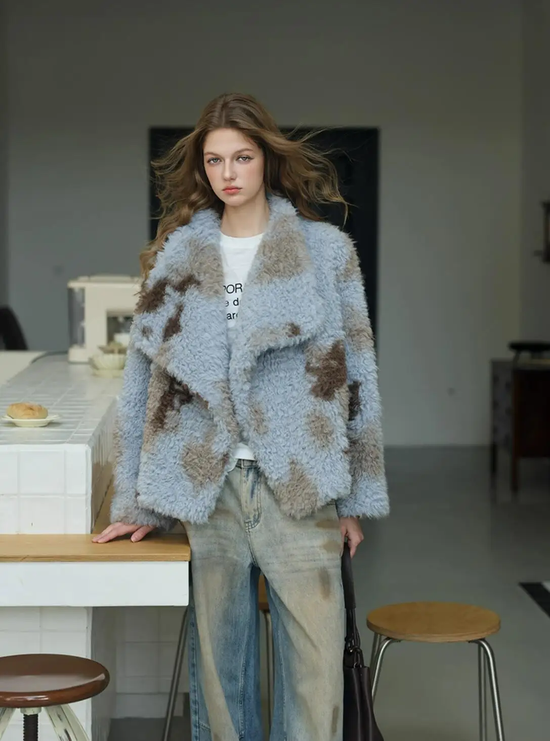 HIGH QUALITY Winter Large Lapel Curly Lamb Fur Coat Long Sleeve Warm Shaggy Tie Dye Gradient Faux Fur Jacket Loose Outerwear