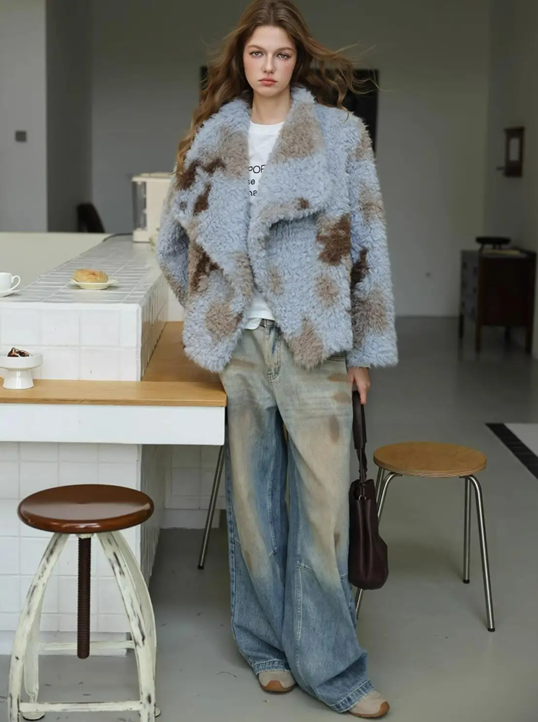 HIGH QUALITY Winter Large Lapel Curly Lamb Fur Coat Long Sleeve Warm Shaggy Tie Dye Gradient Faux Fur Jacket Loose Outerwear
