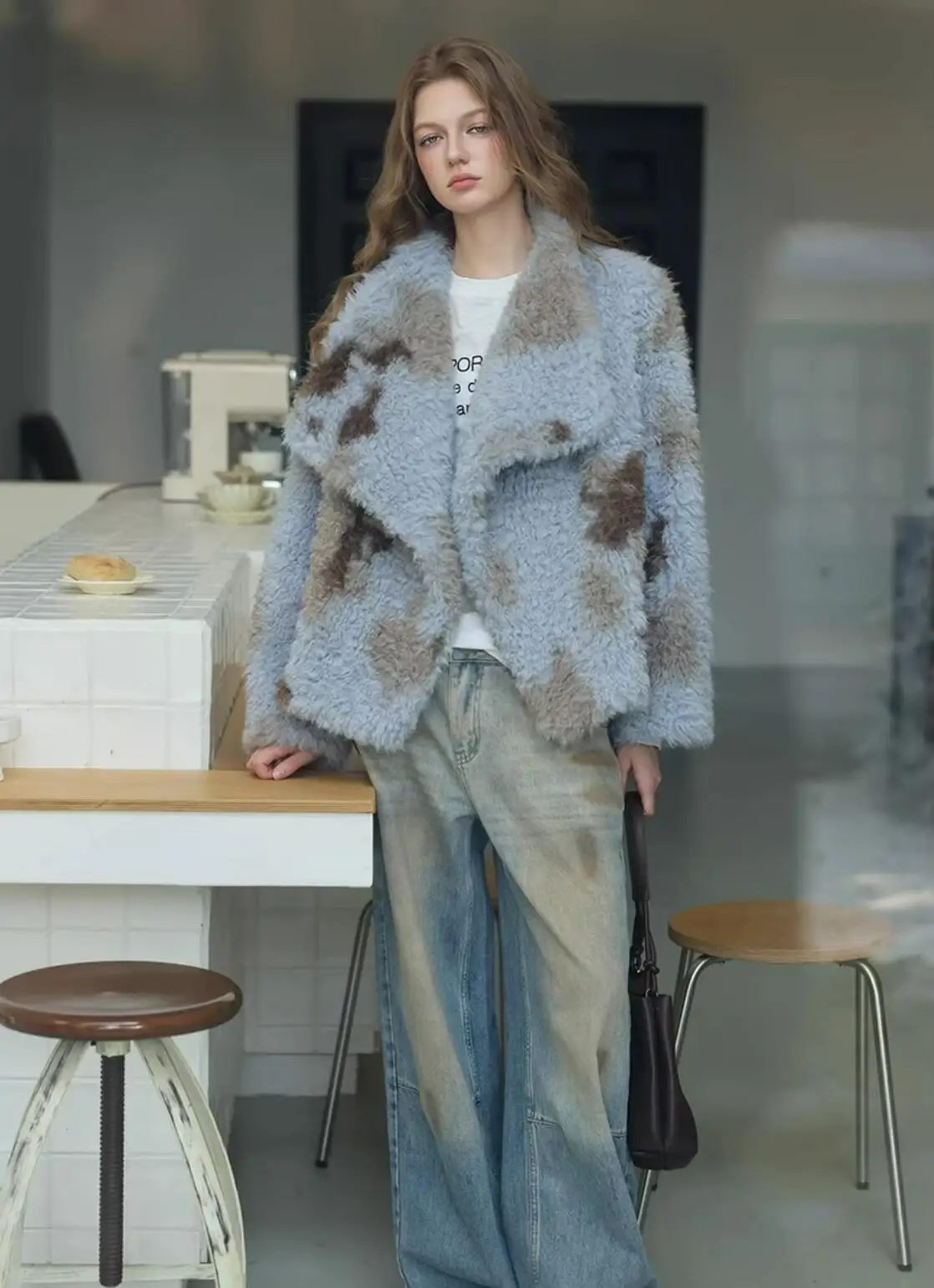 HIGH QUALITY Winter Large Lapel Curly Lamb Fur Coat Long Sleeve Warm Shaggy Tie Dye Gradient Faux Fur Jacket Loose Outerwear