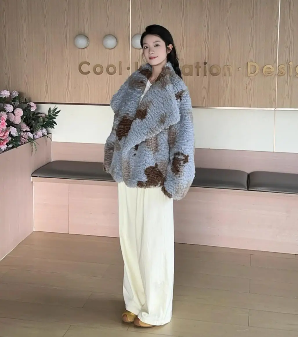 HIGH QUALITY Winter Large Lapel Curly Lamb Fur Coat Long Sleeve Warm Shaggy Tie Dye Gradient Faux Fur Jacket Loose Outerwear