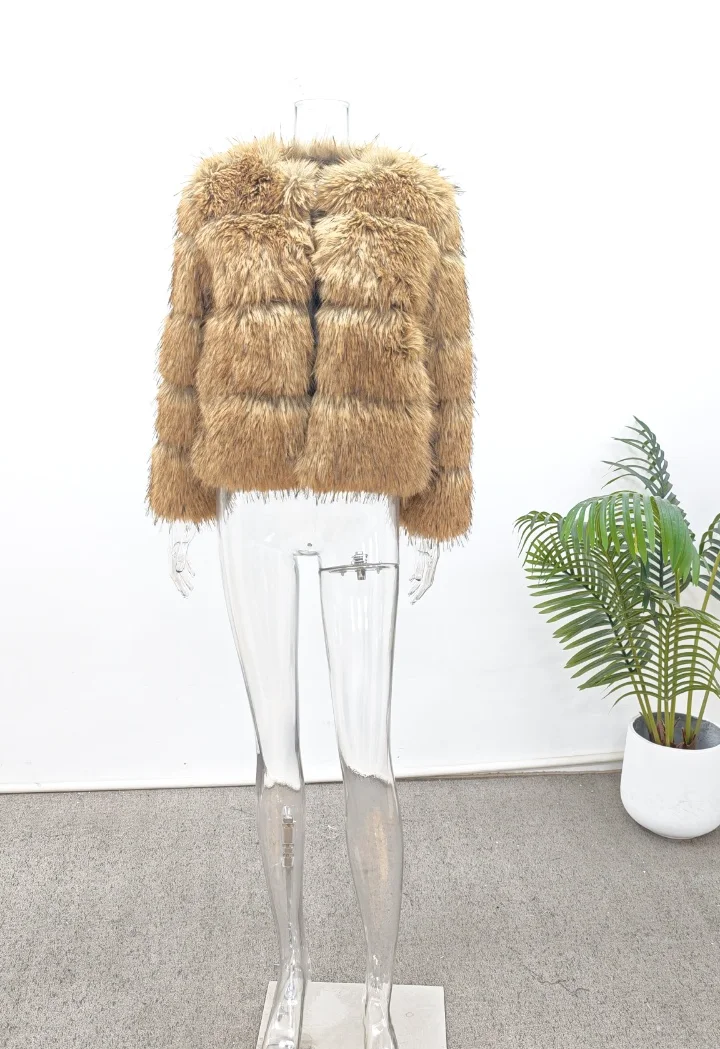 Fashion Faux Fur Short Coat Women's Brown Beige Contrast Color Long Sleeve Warm Winter Jacket 2026 Spring New Casual Outerwear