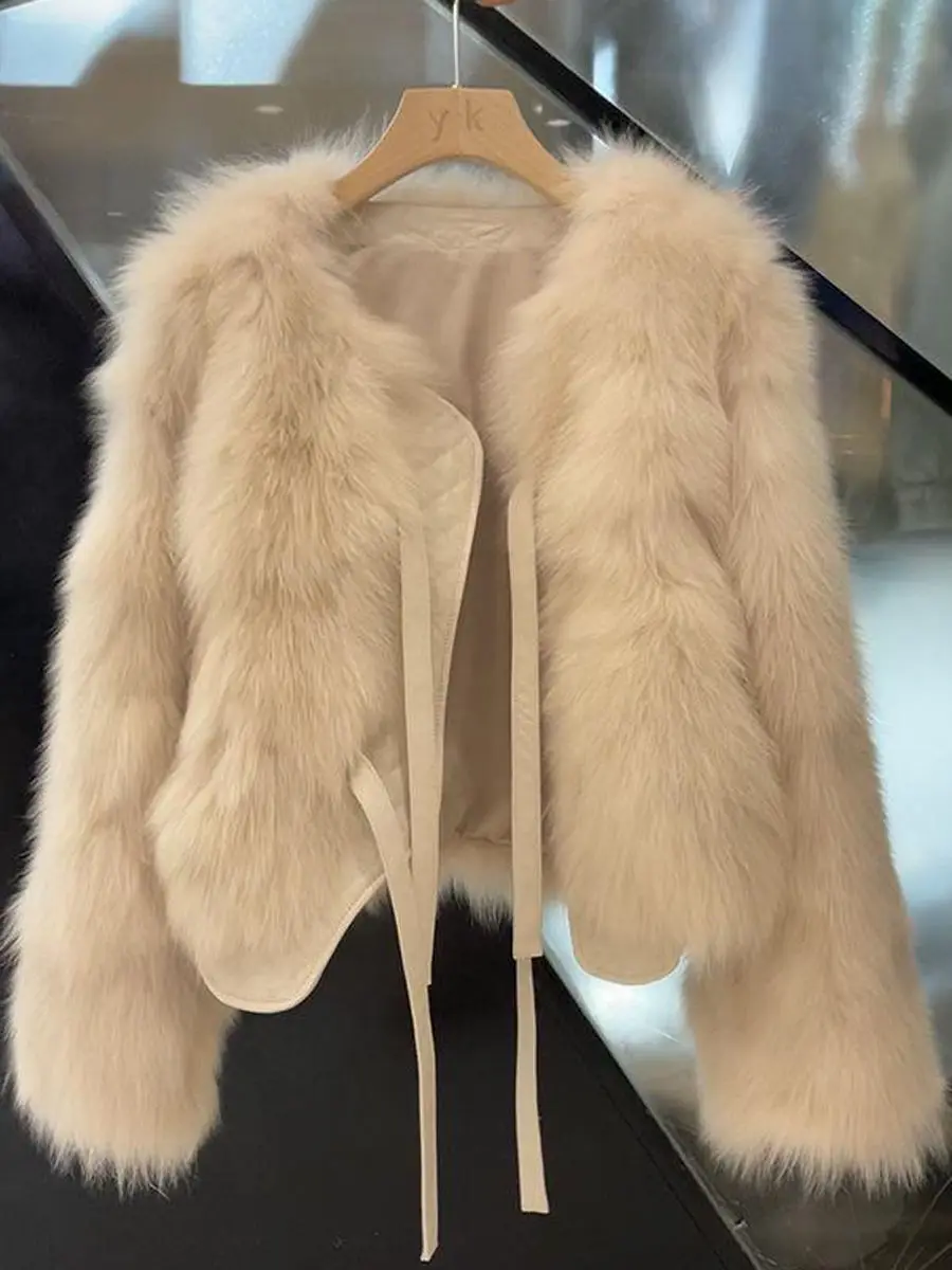 Imitation Fox Fur Grass Coat Women's Short 2026 Autumn/Winter New Korean Version Versatile Lace Up Thick Top Female Warm Outwear