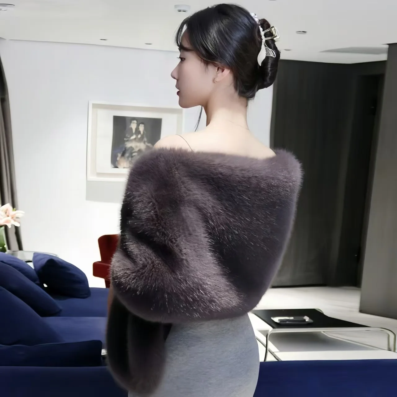New Autumn Women Open Stitch Solid Color Shawls with Faux Fur Flocking Short Cape Female Winter Pashmina Wraps