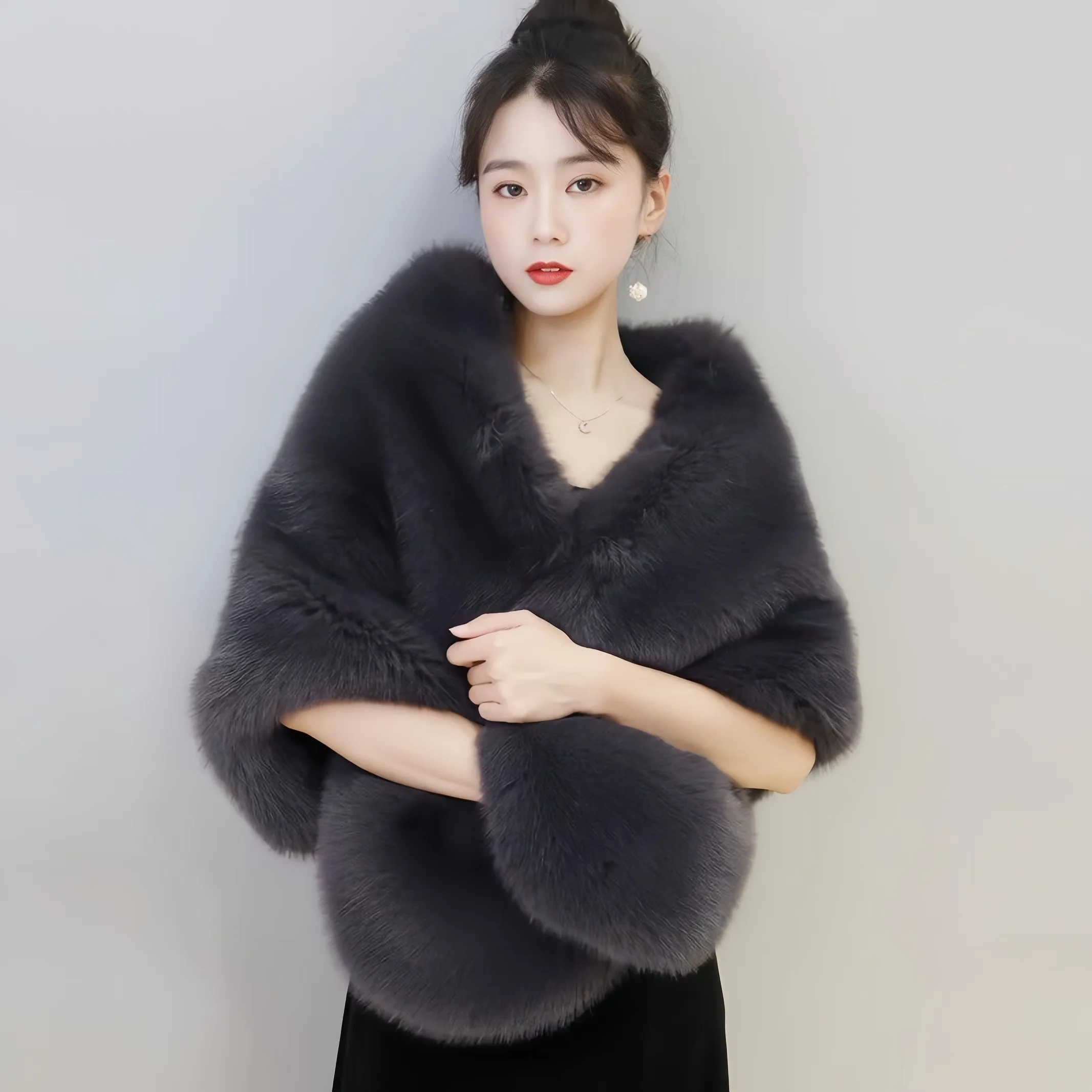 New Autumn Women Open Stitch Solid Color Shawls with Faux Fur Flocking Short Cape Female Winter Pashmina Wraps
