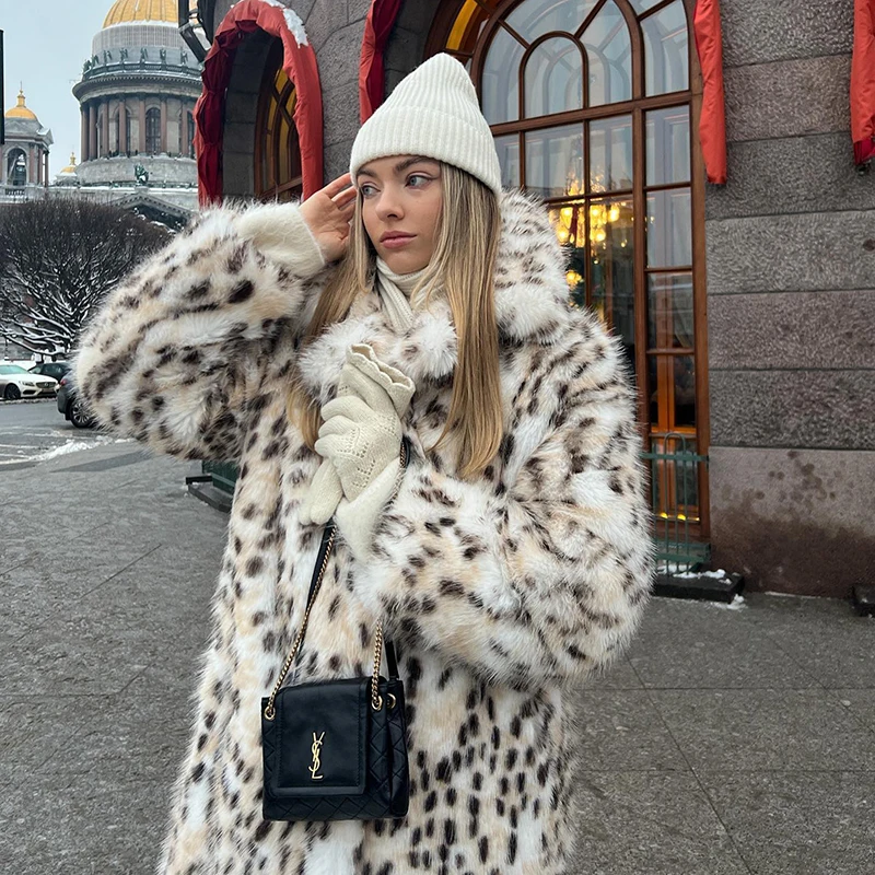 Neo Mint Luxury Maxi Long Leopard Belted Faux Fur Coat Women Winter 2024 Brand Fashion Mob Wife Vibe Fox Fur Jacket Overcoat