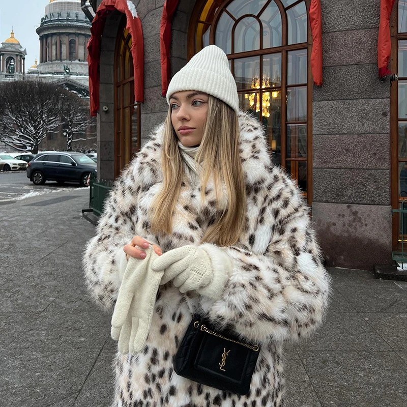 Neo Mint Luxury Maxi Long Leopard Belted Faux Fur Coat Women Winter 2024 Brand Fashion Mob Wife Vibe Fox Fur Jacket Overcoat