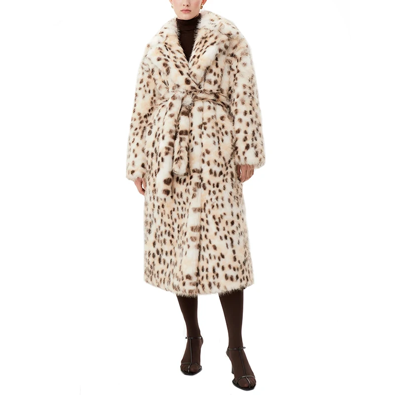 Neo Mint Luxury Maxi Long Leopard Belted Faux Fur Coat Women Winter 2024 Brand Fashion Mob Wife Vibe Fox Fur Jacket Overcoat