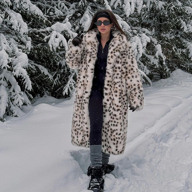 Neo Mint Luxury Maxi Long Leopard Belted Faux Fur Coat Women Winter 2024 Brand Fashion Mob Wife Vibe Fox Fur Jacket Overcoat