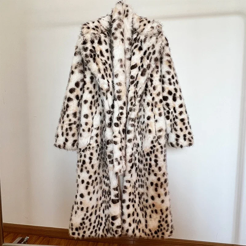 Neo Mint Luxury Maxi Long Leopard Belted Faux Fur Coat Women Winter 2024 Brand Fashion Mob Wife Vibe Fox Fur Jacket Overcoat