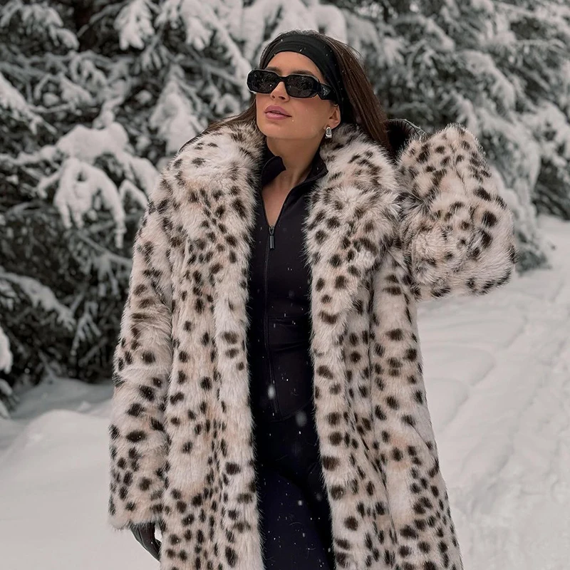 Neo Mint Luxury Maxi Long Leopard Belted Faux Fur Coat Women Winter 2024 Brand Fashion Mob Wife Vibe Fox Fur Jacket Overcoat