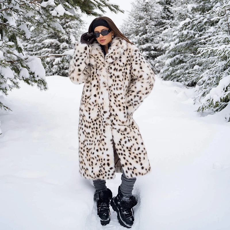 Neo Mint Luxury Maxi Long Leopard Belted Faux Fur Coat Women Winter 2024 Brand Fashion Mob Wife Vibe Fox Fur Jacket Overcoat