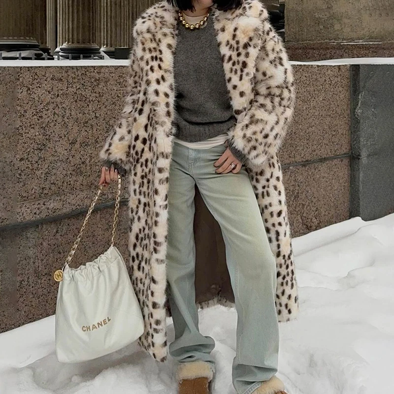 Neo Mint Luxury Maxi Long Leopard Belted Faux Fur Coat Women Winter 2024 Brand Fashion Mob Wife Vibe Fox Fur Jacket Overcoat