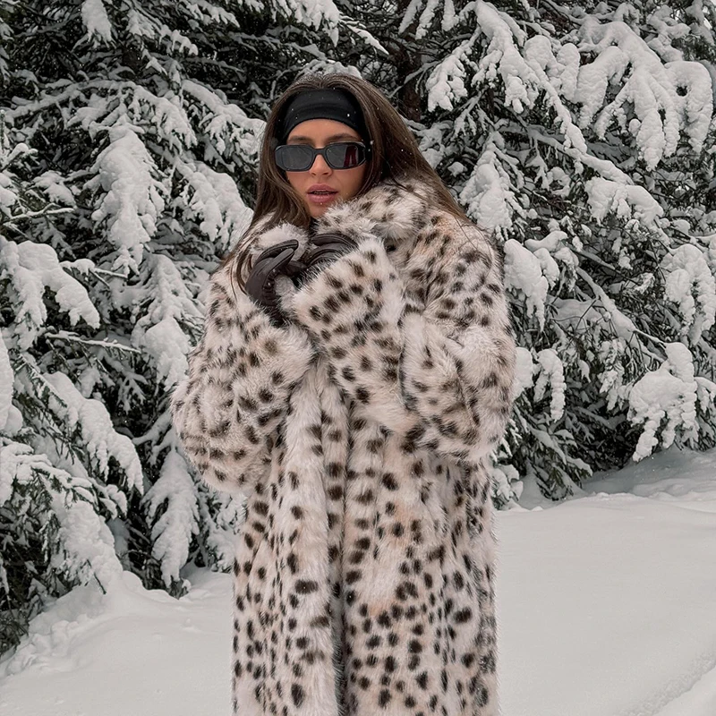 Neo Mint Luxury Maxi Long Leopard Belted Faux Fur Coat Women Winter 2024 Brand Fashion Mob Wife Vibe Fox Fur Jacket Overcoat