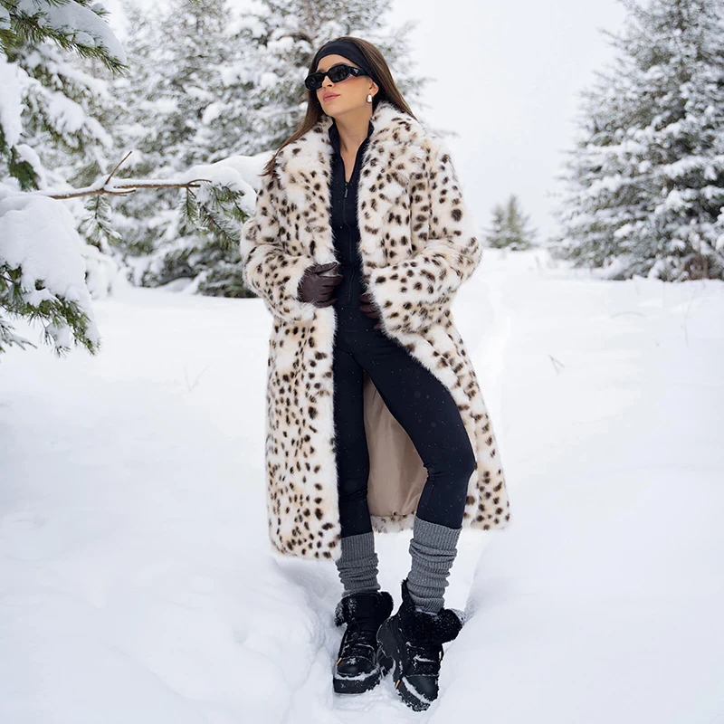 Neo Mint Luxury Maxi Long Leopard Belted Faux Fur Coat Women Winter 2024 Brand Fashion Mob Wife Vibe Fox Fur Jacket Overcoat