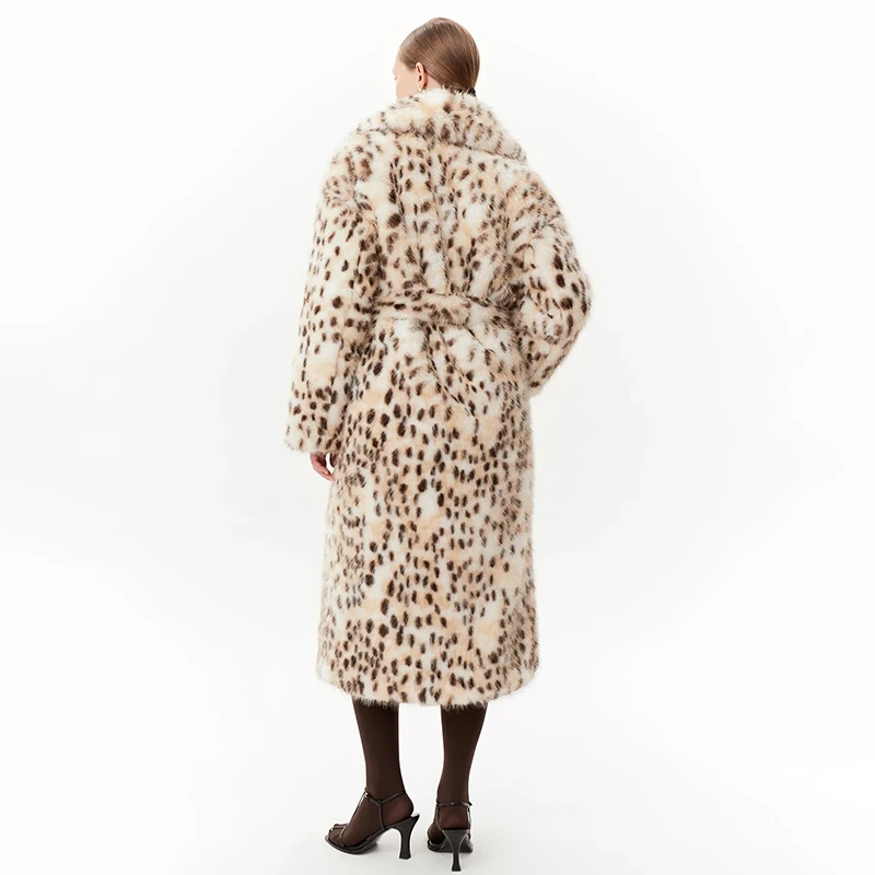 Neo Mint Luxury Maxi Long Leopard Belted Faux Fur Coat Women Winter 2024 Brand Fashion Mob Wife Vibe Fox Fur Jacket Overcoat