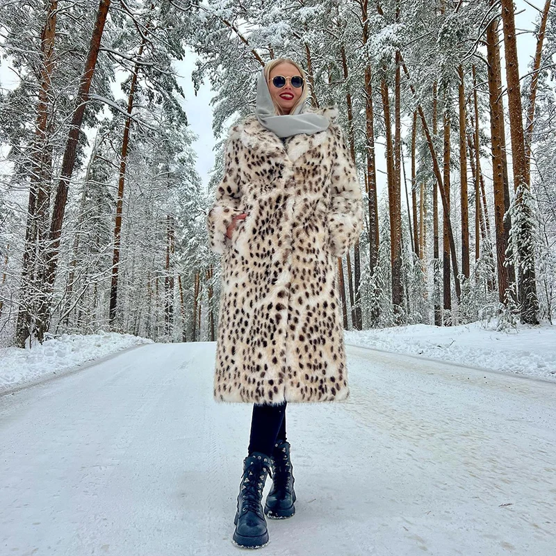 Neo Mint Luxury Maxi Long Leopard Belted Faux Fur Coat Women Winter 2024 Brand Fashion Mob Wife Vibe Fox Fur Jacket Overcoat