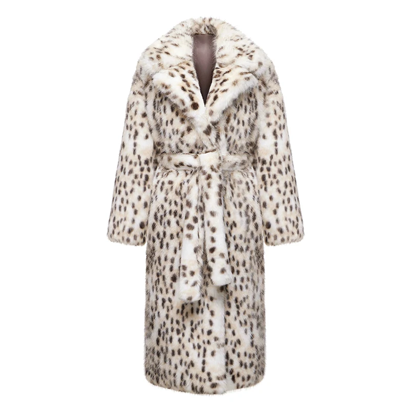 Neo Mint Luxury Maxi Long Leopard Belted Faux Fur Coat Women Winter 2024 Brand Fashion Mob Wife Vibe Fox Fur Jacket Overcoat