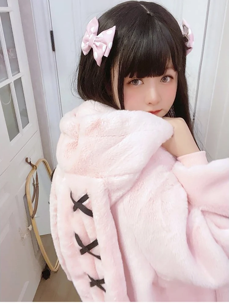 Lautaro Autumn Oversized Sweet Cute Soft Purple Black Faux Fur Coat Women with Bunny Ears Kawaii Loose Fluffy Jacket Hoodie 2023