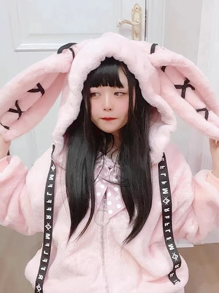 Lautaro Autumn Oversized Sweet Cute Soft Purple Black Faux Fur Coat Women with Bunny Ears Kawaii Loose Fluffy Jacket Hoodie 2023