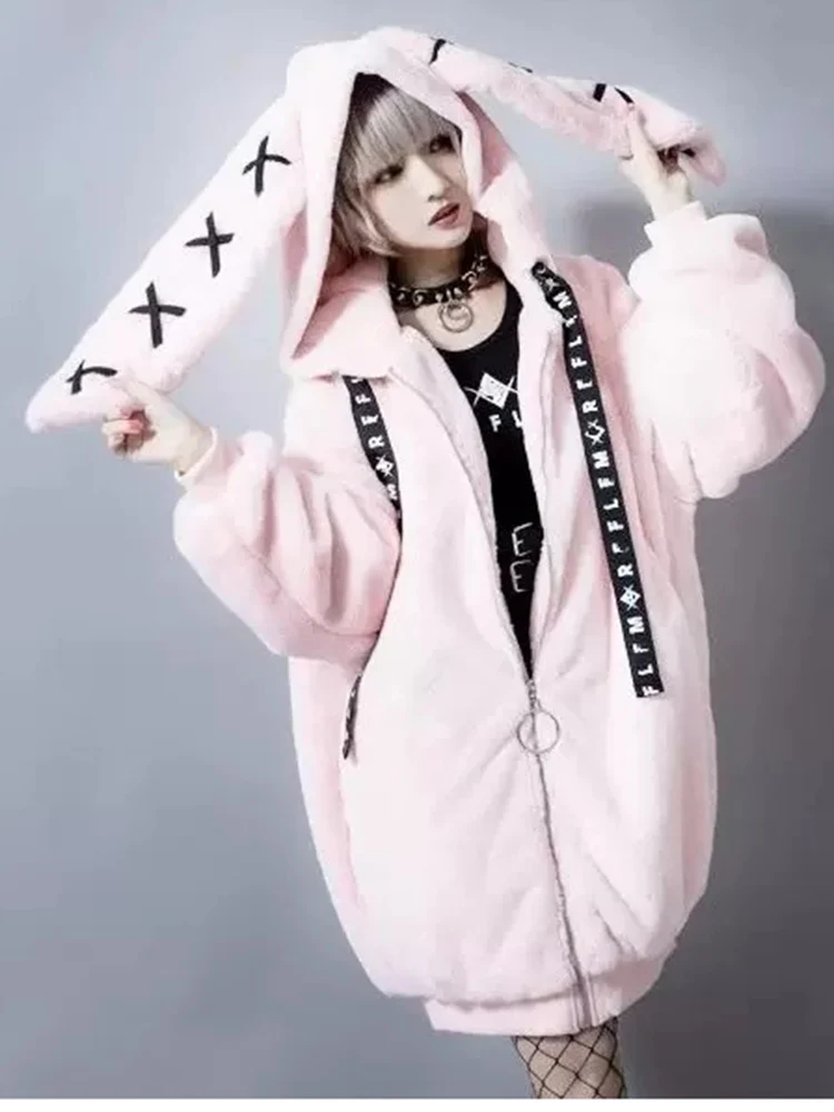 Lautaro Autumn Oversized Sweet Cute Soft Purple Black Faux Fur Coat Women with Bunny Ears Kawaii Loose Fluffy Jacket Hoodie 2023