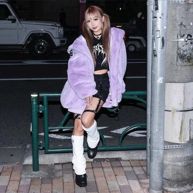 Lautaro Autumn Oversized Sweet Cute Soft Purple Black Faux Fur Coat Women with Bunny Ears Kawaii Loose Fluffy Jacket Hoodie 2023