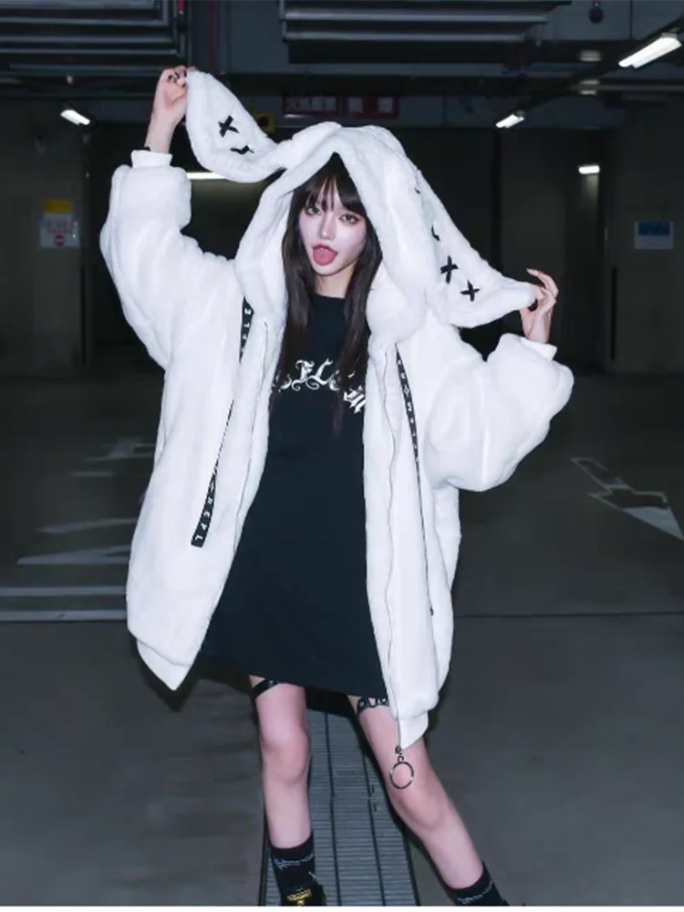 Lautaro Autumn Oversized Sweet Cute Soft Purple Black Faux Fur Coat Women with Bunny Ears Kawaii Loose Fluffy Jacket Hoodie 2023