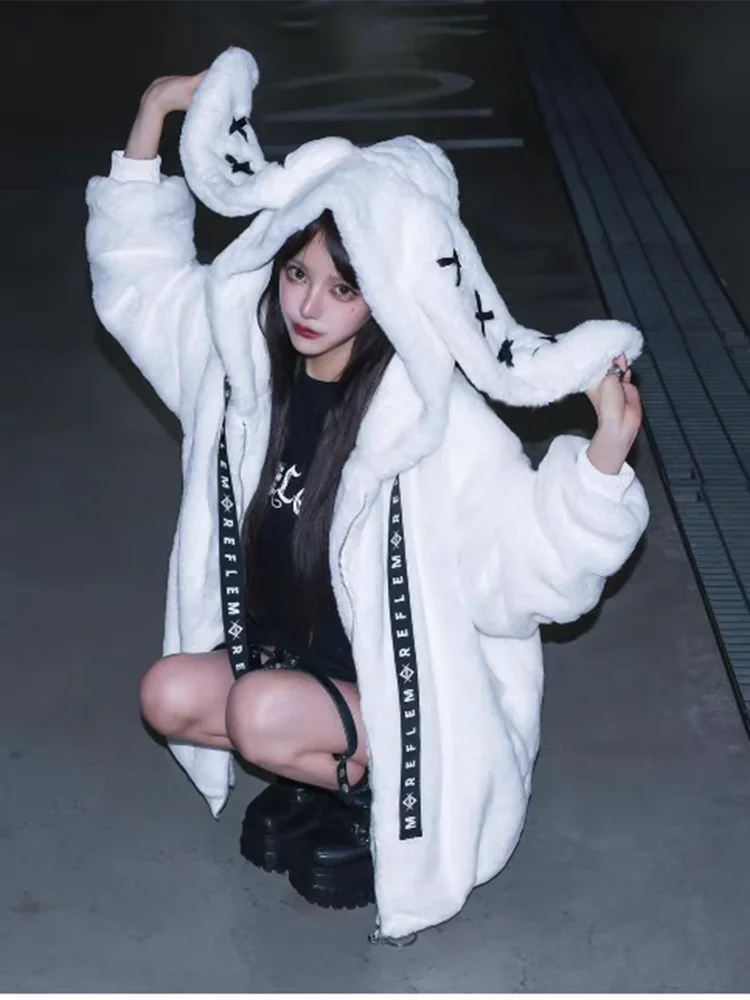 Lautaro Autumn Oversized Sweet Cute Soft Purple Black Faux Fur Coat Women with Bunny Ears Kawaii Loose Fluffy Jacket Hoodie 2023