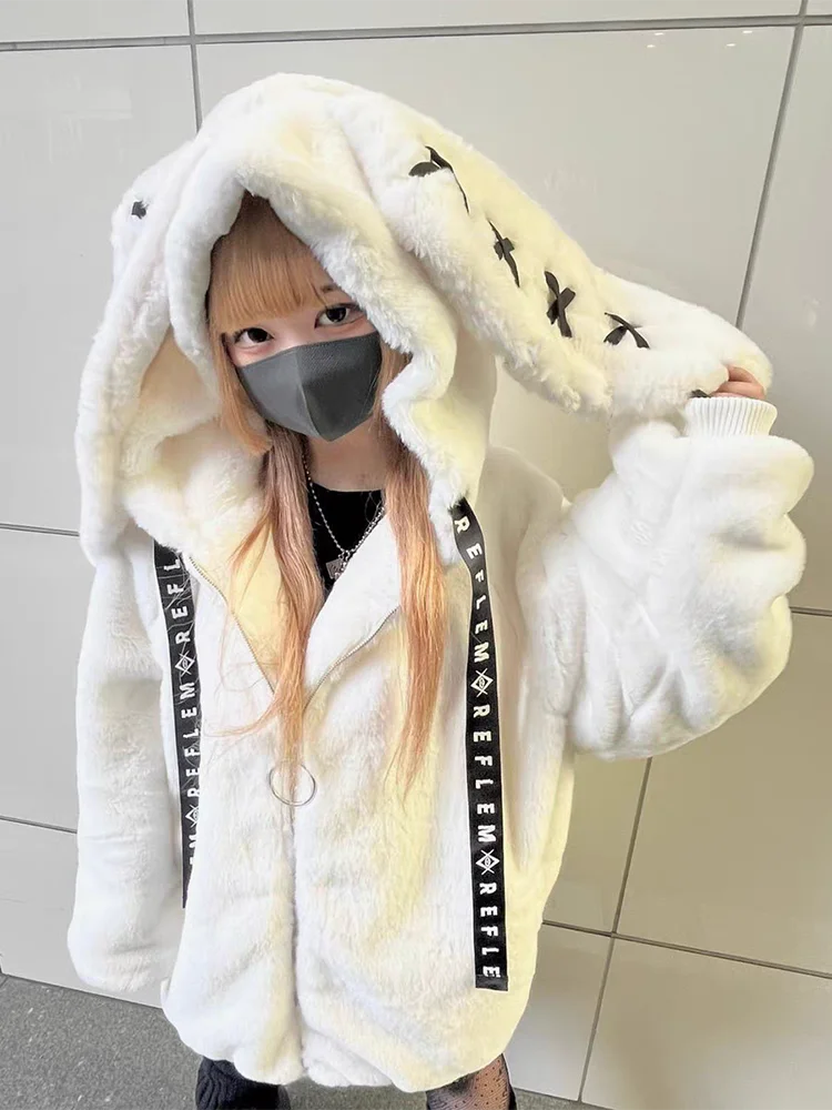 Lautaro Autumn Oversized Sweet Cute Soft Purple Black Faux Fur Coat Women with Bunny Ears Kawaii Loose Fluffy Jacket Hoodie 2023