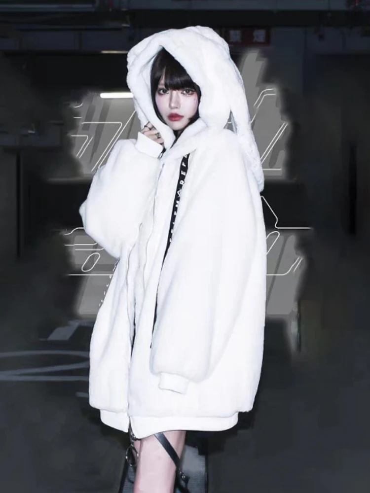 Lautaro Autumn Oversized Sweet Cute Soft Purple Black Faux Fur Coat Women with Bunny Ears Kawaii Loose Fluffy Jacket Hoodie 2023