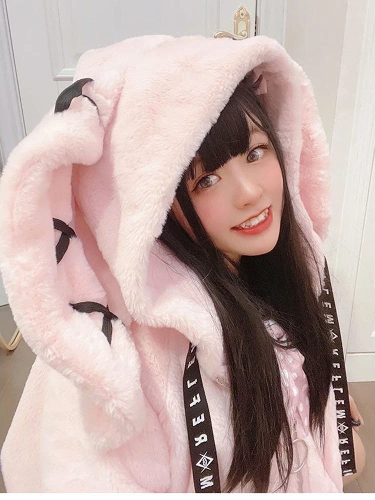 Lautaro Autumn Oversized Sweet Cute Soft Purple Black Faux Fur Coat Women with Bunny Ears Kawaii Loose Fluffy Jacket Hoodie 2023