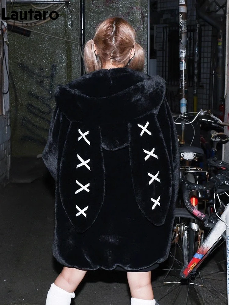 Lautaro Autumn Oversized Sweet Cute Soft Purple Black Faux Fur Coat Women with Bunny Ears Kawaii Loose Fluffy Jacket Hoodie 2023