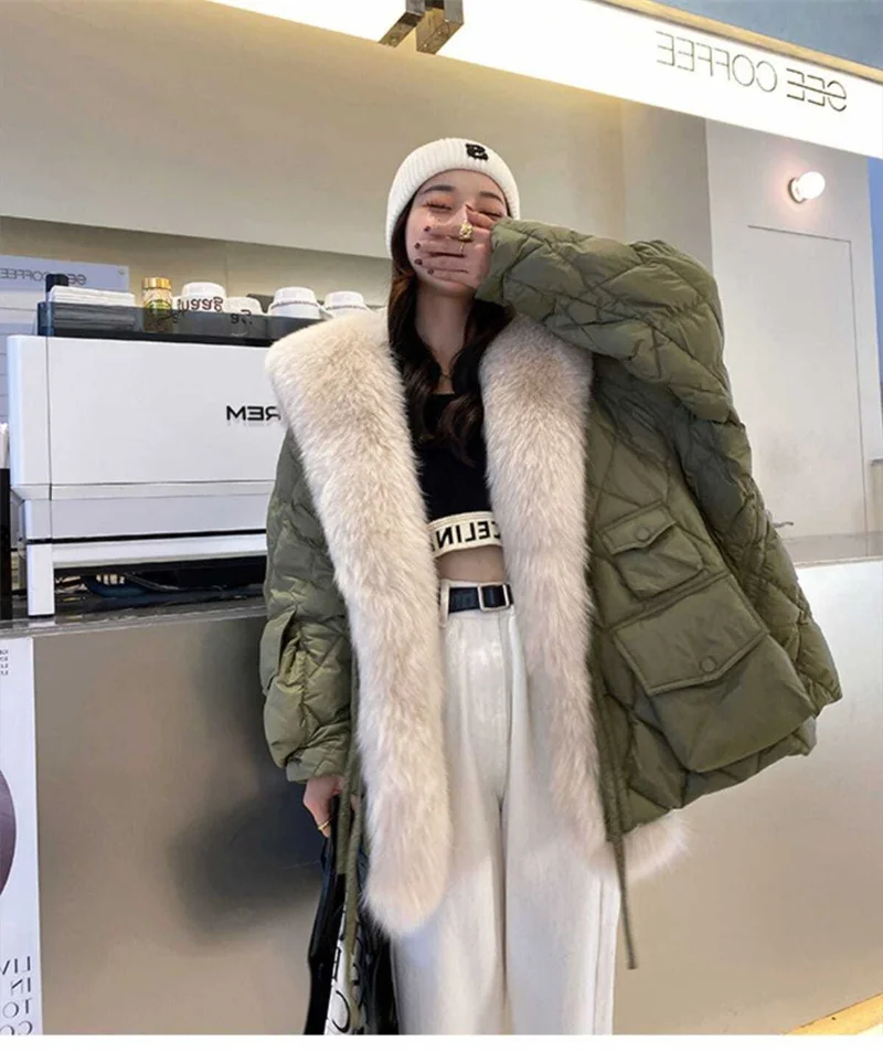 2025 Winter New Super Large Faux Fox Hair Removable Navy Collar Down cotton-padded jacket School Overcomes Women's Fur Coat