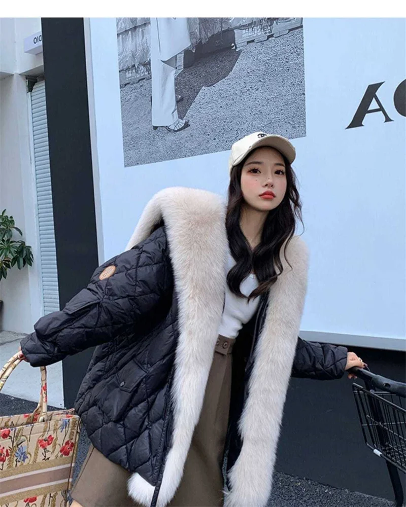 2025 Winter New Super Large Faux Fox Hair Removable Navy Collar Down cotton-padded jacket School Overcomes Women's Fur Coat