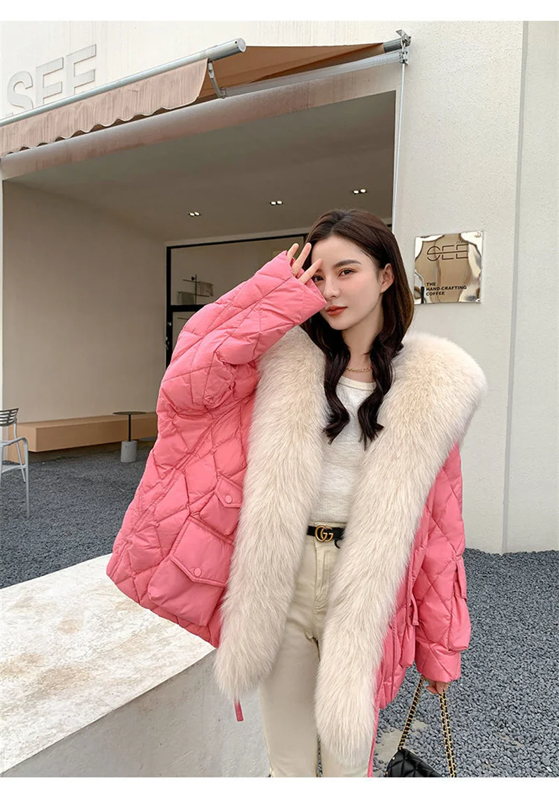 2025 Winter New Super Large Faux Fox Hair Removable Navy Collar Down cotton-padded jacket School Overcomes Women's Fur Coat