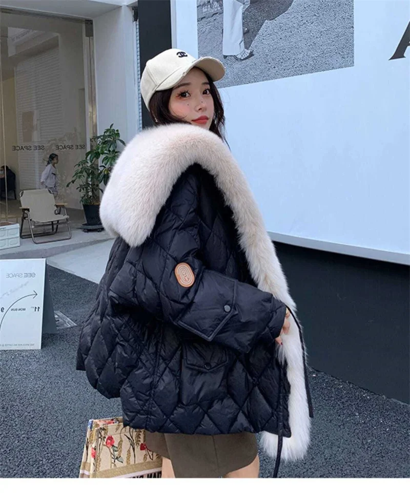 2025 Winter New Super Large Faux Fox Hair Removable Navy Collar Down cotton-padded jacket School Overcomes Women's Fur Coat