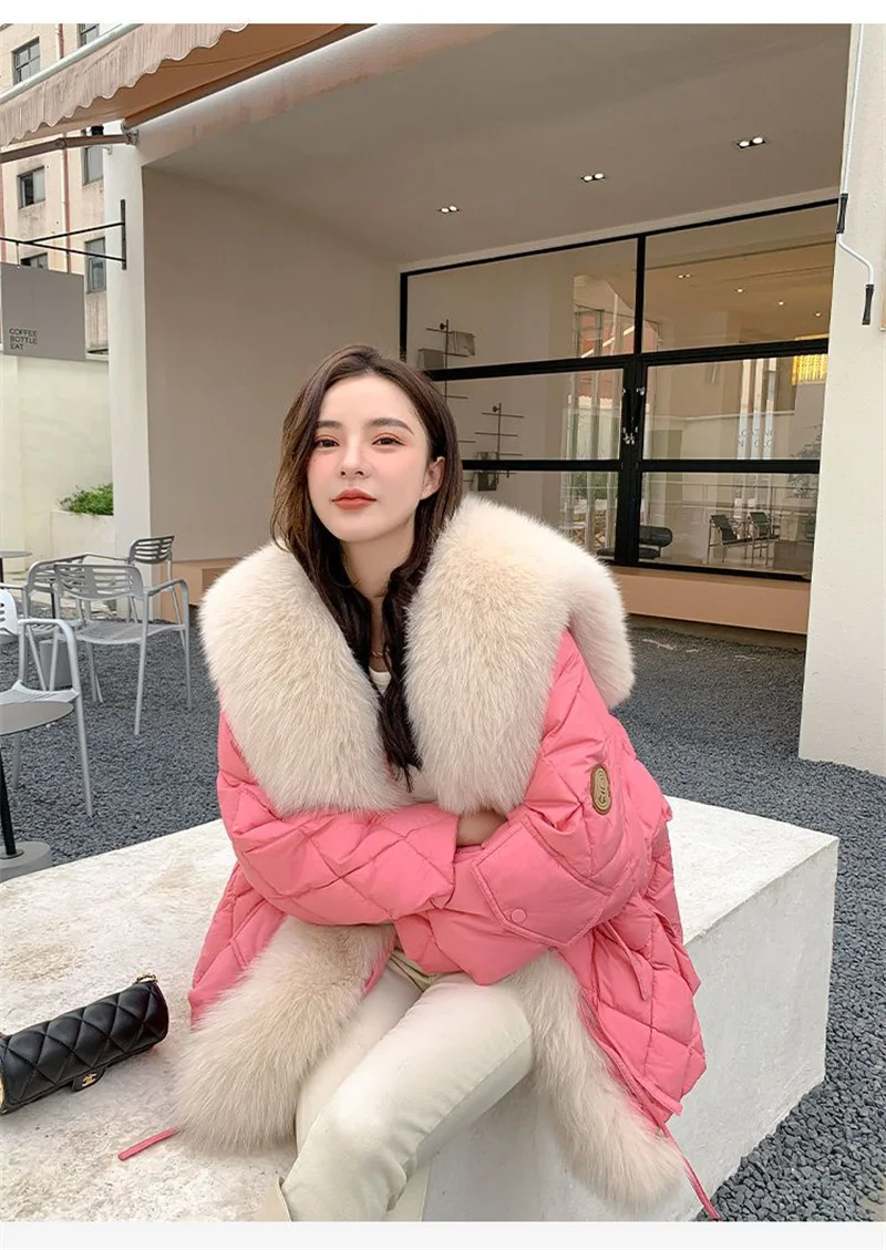 2025 Winter New Super Large Faux Fox Hair Removable Navy Collar Down cotton-padded jacket School Overcomes Women's Fur Coat