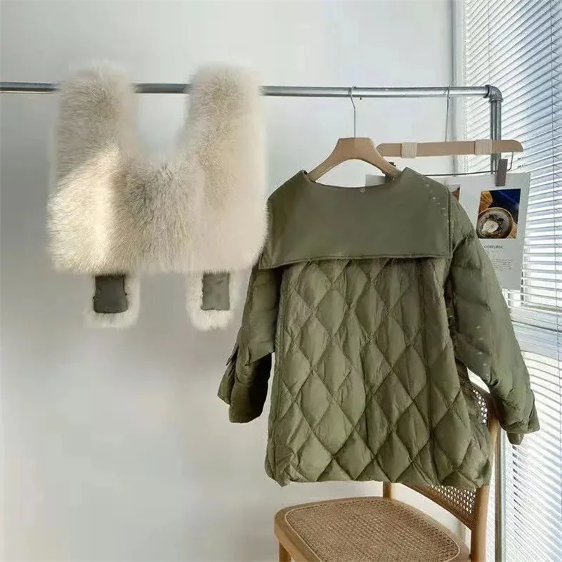 2025 Winter New Super Large Faux Fox Hair Removable Navy Collar Down cotton-padded jacket School Overcomes Women's Fur Coat