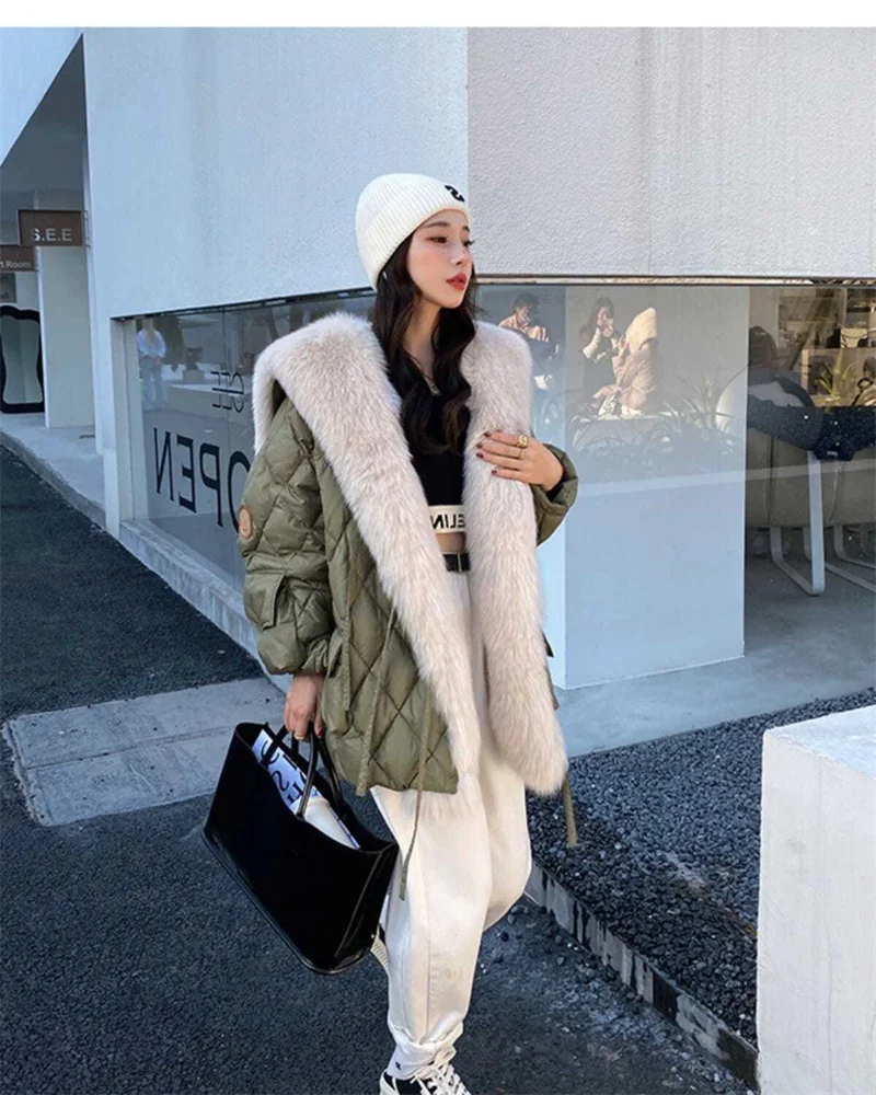 2025 Winter New Super Large Faux Fox Hair Removable Navy Collar Down cotton-padded jacket School Overcomes Women's Fur Coat