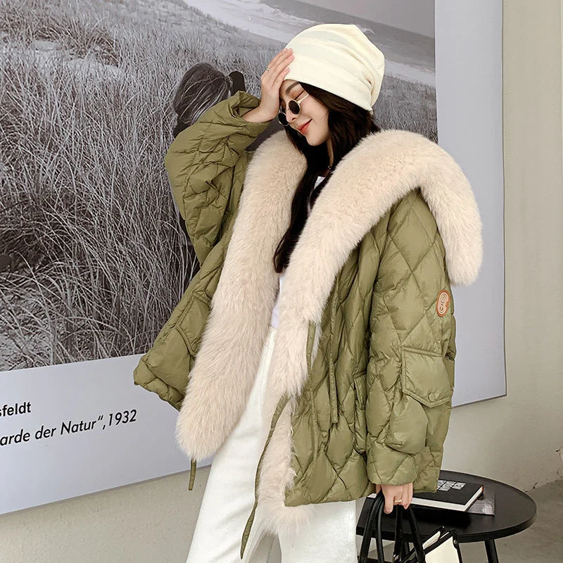 2025 Winter New Super Large Faux Fox Hair Removable Navy Collar Down cotton-padded jacket School Overcomes Women's Fur Coat