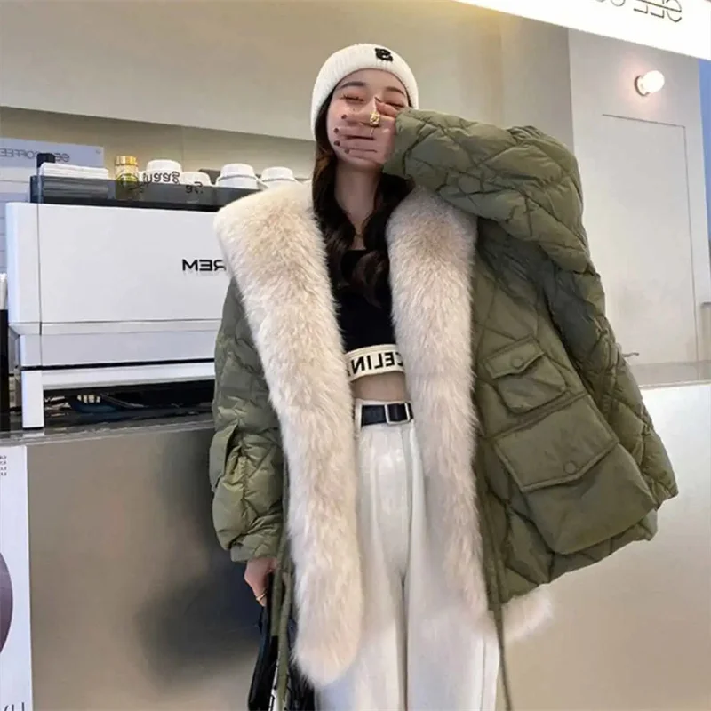 2025 Winter New Super Large Faux Fox Hair Removable Navy Collar Down cotton-padded jacket School Overcomes Women's Fur Coat