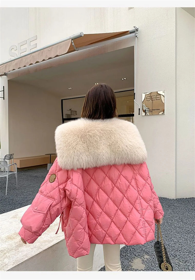 2025 Winter New Super Large Faux Fox Hair Removable Navy Collar Down cotton-padded jacket School Overcomes Women's Fur Coat