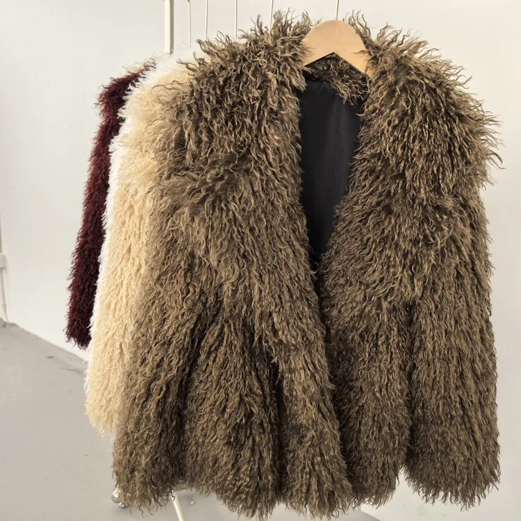Aynaray 2025 Winter Women Faux Fur Jacket Solid Khaki Long Sleeve Thick Warm Outwear Fluffy Coat For Women