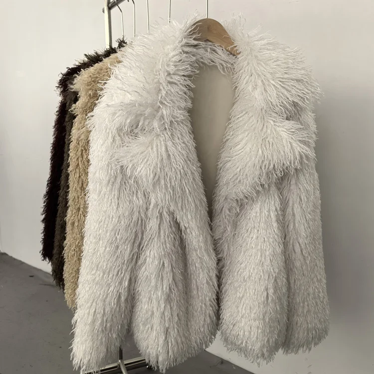 Aynaray 2025 Winter Women Faux Fur Jacket Solid Khaki Long Sleeve Thick Warm Outwear Fluffy Coat For Women