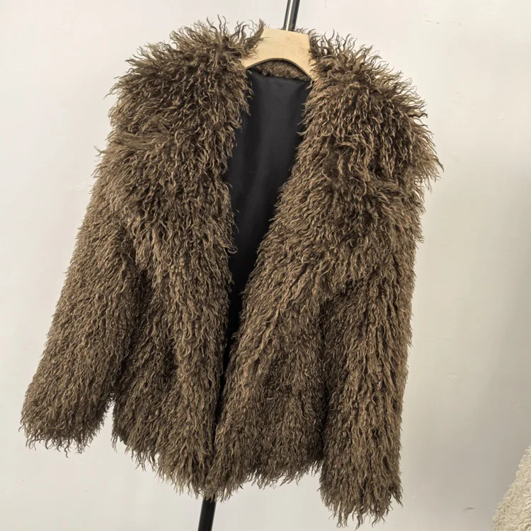 Aynaray 2025 Winter Women Faux Fur Jacket Solid Khaki Long Sleeve Thick Warm Outwear Fluffy Coat For Women